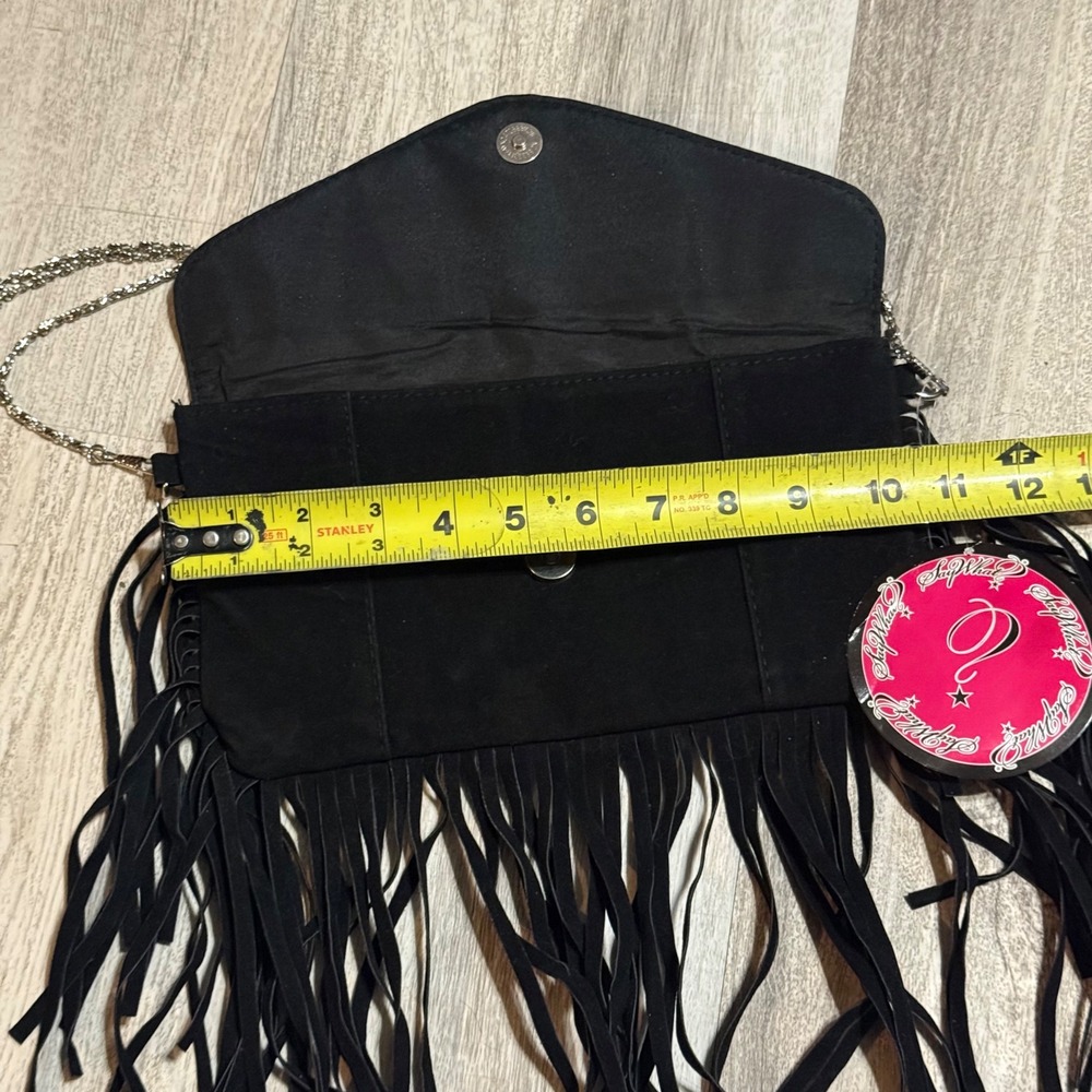 Y2K‎ retro Say What Black Suede Fringe Crossbody Bag Silver Chain Evening - Picture 5 of 8